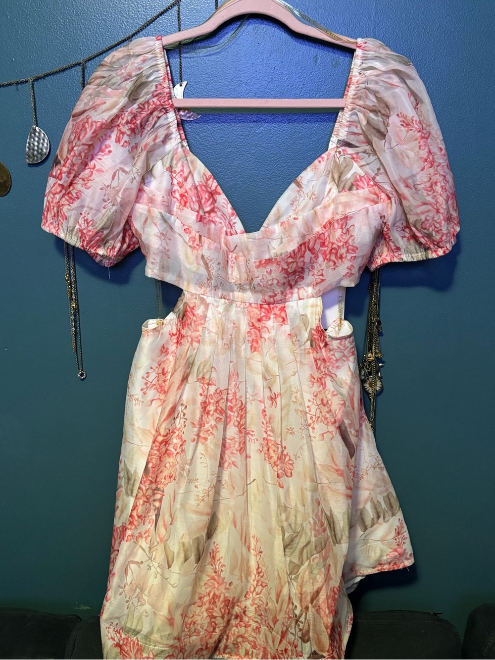 L'ATISTE Pink and Cream Floral Cutout Mini Dress